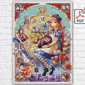 Motif de point de croix Alice au pays des merveilles / grille de point de croix Alice / motif princesse dessin animé au point de croix / motif PDF imprimable instantané