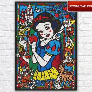 Snow White And 7 Dwarfs Cross Stitch Pattern / Snow White Stained Glass Cross Stitch Pattern / Cartoon Princess Characters Counted PDF Chart