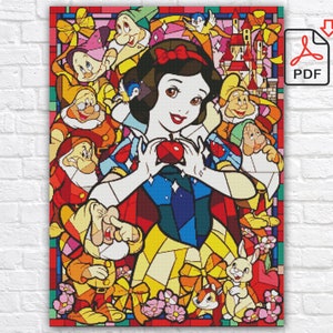Snow White Stained Glass Cross Stitch Pattern / Cartoon Cross Stitch Pattern / Princess Cross Stitch Pattern / Dwarfs Cross Stitch PDF Chart