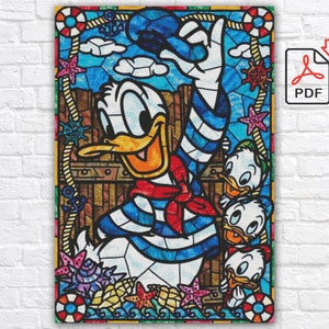 Patrón de punto de cruz del Pato Donald / Patrón de punto de cruz de dibujos animados / Gráfico de punto de cruz en PDF con vitrales / Gráfico PDF imprimible de Mickey Mouse