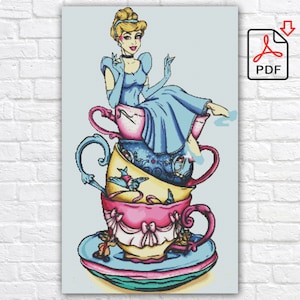 Patrón de punto de cruz de Cenicienta / Patrón de punto de cruz de dibujos animados / Gráfico PDF de punto de cruz de la Princesa Cenicienta / Patrón PDF instantáneo de tazas de té