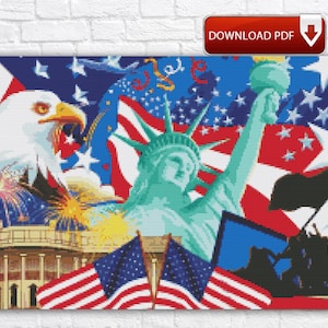 USA Zustand Simbol Kreuzstichmuster / Weißkopfseeadler Kreuzstichmuster / Freiheitsstatue USA Flagge Kreuzstichmuster / In anschließende Unabhängigkeitstag