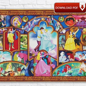 Cartoon Сouples Cross Stitch Pattern / Large Stained Glass Cross Stitch Chart / Mickey Mouse Cross Stitch Pattern / Princess Cross Stitch