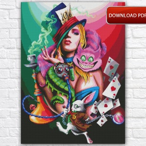 Alice in Wonderland Cross Stitch Pattern: Mad Hatter, Cheshire Cat (PDF)