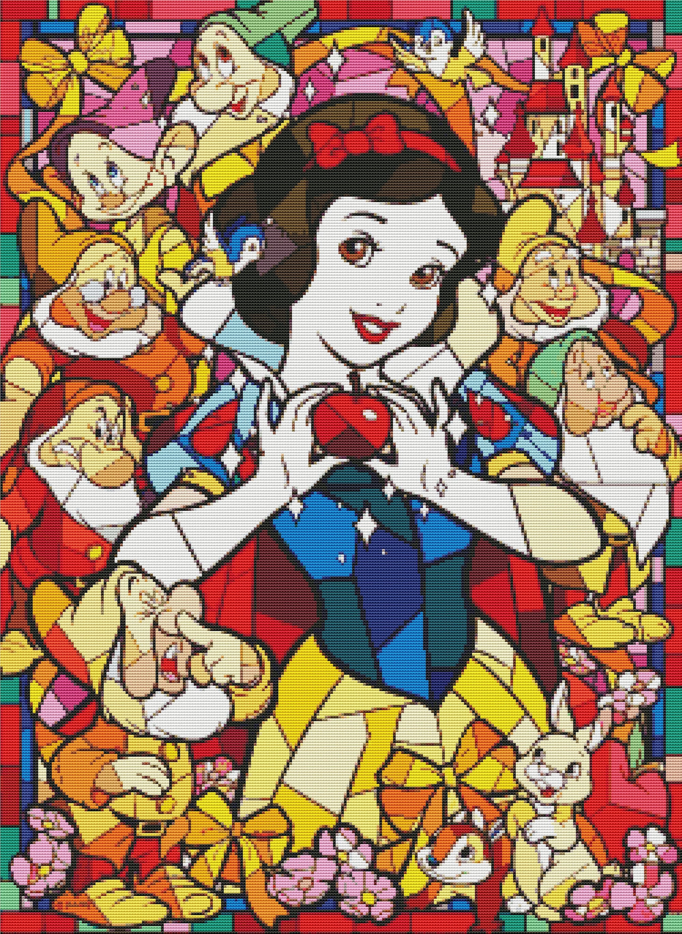 白雪姫のステンドグラスのクロスステッチ図案、漫画プリンセスの刺繍