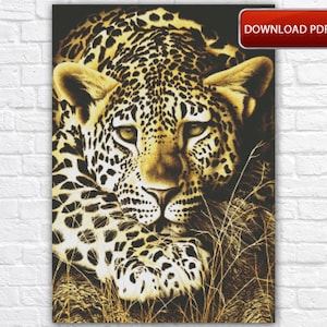 Leopard Kreuzstichmuster / Wildkatzen Kreuzstich Muster / Tier PDF Kreuzstich Stickmuster / Leopard sofort druckbare PDF Stickvorlage