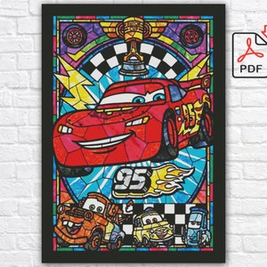 McQueen Cars kruissteekpatroon / Cartoon auto kruissteekpatroon / kruissteekkaart auto gebrandschilderd glas / getelde pdf-kruissteekkaart