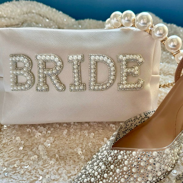 personalisierte Kosmetiktasche Bride Mrs Perlen Weiß creme Tasche Kosmetik Strass Kulturtasche Braut