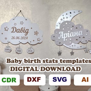 Baby Birth Metrics Cloud Design (statistiques de naissance personnalisées) - Fichier numérique pour la découpe laser ou une autre utilisation