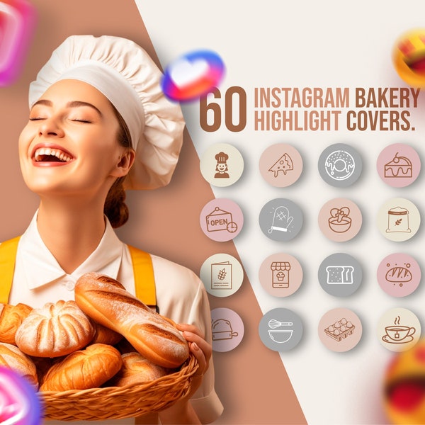 60+ Bakery Instagram Highlight Covers | Bakery Icons | 60+ Baking Illustrations on 4 Neutral Backgrounds for Instagram Stories.