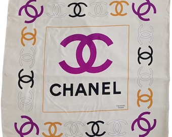 CHANEL CC Paris 1990s Interocked CCs White Colorful Silk Scarf 34x34