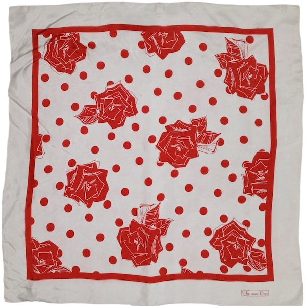 CHRISTIAN DIOR PARIS Vintage Large Red Rose Floral Polka Dots Silk Scarf Shawl Wrap 34 x 34 inches 86 x 86 cm