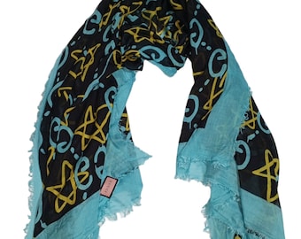 GUCCI GUCCIGHOST Black Blue Yellow GG Star Modal Rayon Silk Large Shawl Scarf Wrap 55 x 55 inches 140 x 140 cm