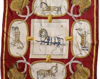 Sciarpa HERMES vintage in seta Grand APPARAT di Jacques EUDEL 90 Maroon Gold Horses Carrozze Selle 36 x 36