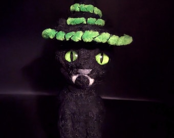 Unique Handmade Black Cat wearing Witch's Hat