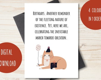 Grumpy Cat Birthday Card Set | Instant Download | Funny Cat Lover Gift | Printable in 4 Color Variations