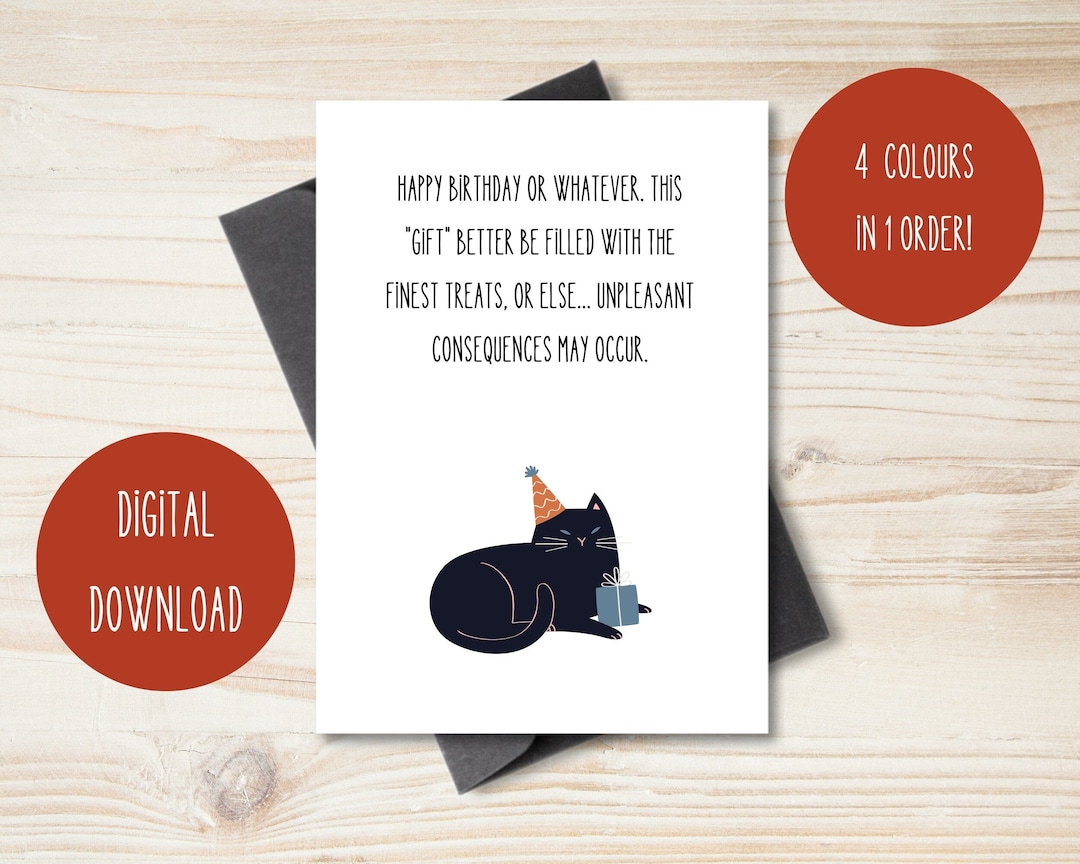 Printable Black Cat Birthday Card Digital Download Funny Cat Lover Gift ...