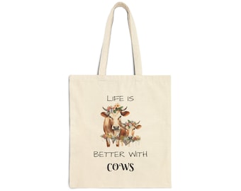 Cotton Canvas Tote Bag Cute Watercolor Cows Gift For Cow Lover