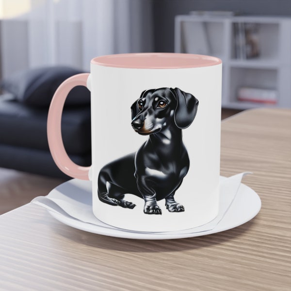 Miniature Dachshund Lover's Ceramic Coffee Cups, featuring a stunning image of a black and silver dapple short-haired miniature dachshund.