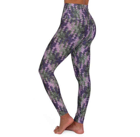 Plaid Crochet Print High Waisted Leggings: Green Purple Fitness
