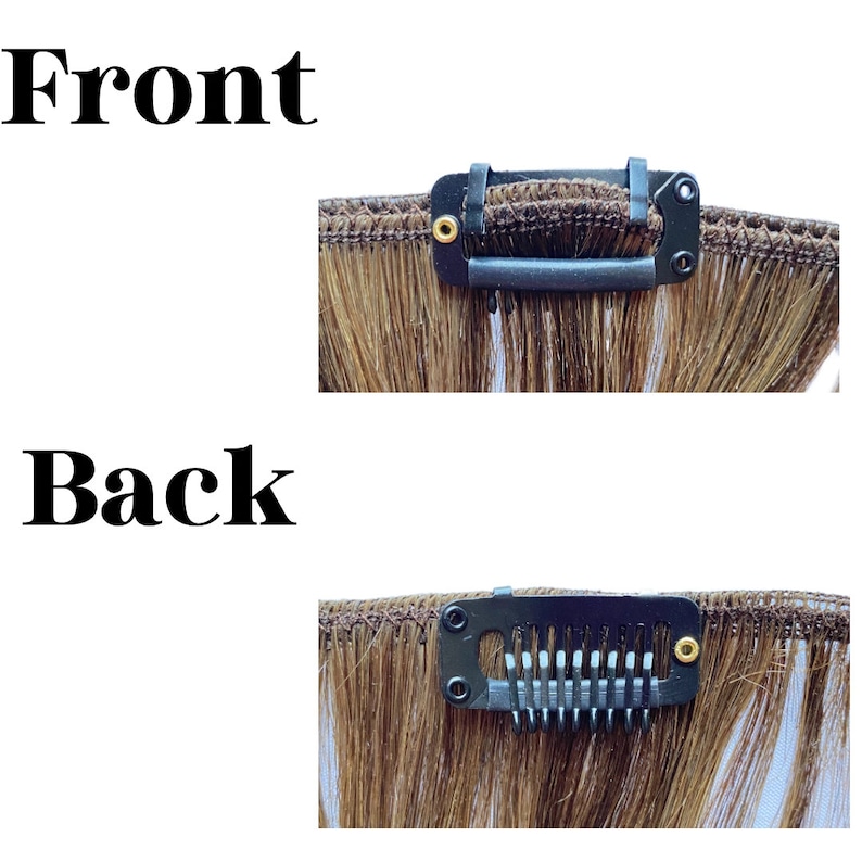 May include: Close-up of a hair extension piece with brown hair. The extension has a black clip attached to the top. The word "Front" is above the clip, and the word "Back" is below the clip.
