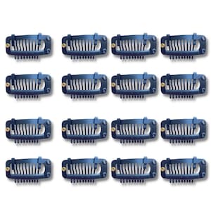 May include: A collection of sixteen dark blue wig clips arranged in four rows of four. Each clip has a series of teeth and a small gold-colored rivet. The clips are designed to secure hair extensions or wigs.