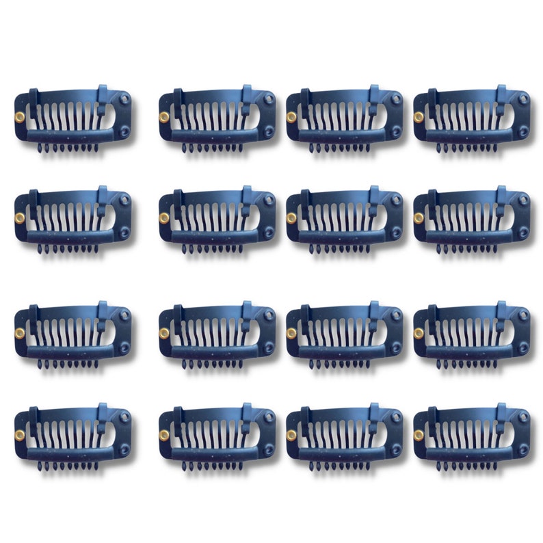 May include: A collection of sixteen dark blue wig clips arranged in four rows of four. Each clip has a series of teeth and a small gold-colored rivet. The clips are designed to secure hair extensions or wigs.