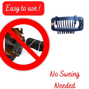 May include: A black hair extension clip with a comb-like design and small holes. The image includes the text "Easy to use!" in a red rectangle and "No Sweing Needed" in red text.