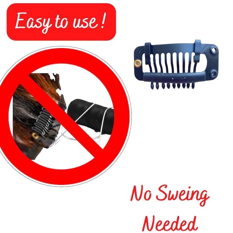 May include: A black hair extension clip with a comb-like design and small holes. The image includes the text "Easy to use!" in a red rectangle and "No Sweing Needed" in red text.