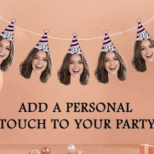 Aangepaste verjaardagsbanner met gezicht - 30e verjaardagsdecoratie voor haar - gepersonaliseerde fotoslinger met feestmutsen - Dirty 30 Party Decor