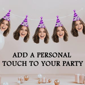 Könnte beinhalten: Eine festliche Party-Szene mit Luftballons, Geschenken und einem Banner mit lächelnden Gesichtern, die lila Partyhüte mit der Zahl 20 tragen. Der Text "ADD A PERSONAL TOUCH TO YOUR PARTY" ist darunter zu sehen.