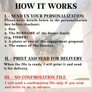 May include: Text on a white background reads "HOW IT WORKS" followed by instructions for personalization, including size, surname, engagement photos, and names. The image includes a bouquet and two people holding hands.