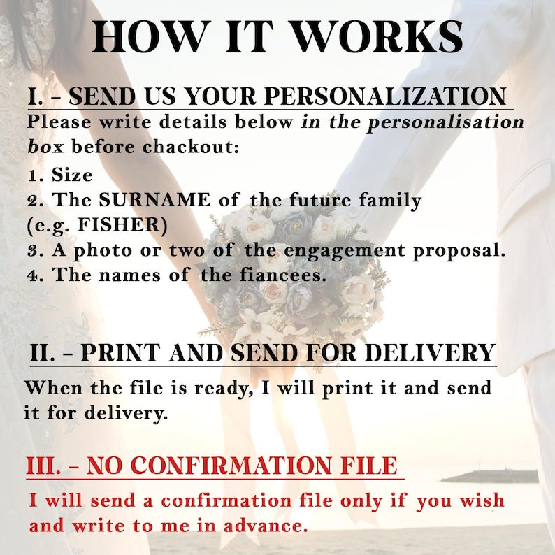 May include: Text on a white background reads "HOW IT WORKS" followed by instructions for personalization, including size, surname, engagement photos, and names. The image includes a bouquet and two people holding hands.