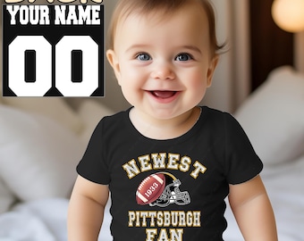 Newest fan Pittsburgh football baby bodysuit, baby, gift for baby shower party, one piece bodysuit, custom name and number
