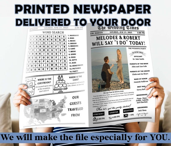 Wedding newspaper printed and delivered, custom wedding newspaper Program, printed physical item, The wedding times