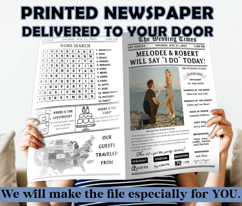 May include: A black and white newspaper-style wedding announcement for a couple named Melodie and Robert. The announcement includes a word search puzzle, a map of the United States, and a wedding schedule with times for the ceremony, cocktail hour, and reception. The text "The Wedding Times" is at the top of the announcement.