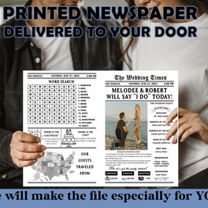 May include: A mock newspaper announcement for a wedding with a black and white design. The headline reads "Melodee & Robert Will Say "I Do" Today!" with a photo of the couple. The newspaper also includes a word search puzzle and a wedding party schedule.