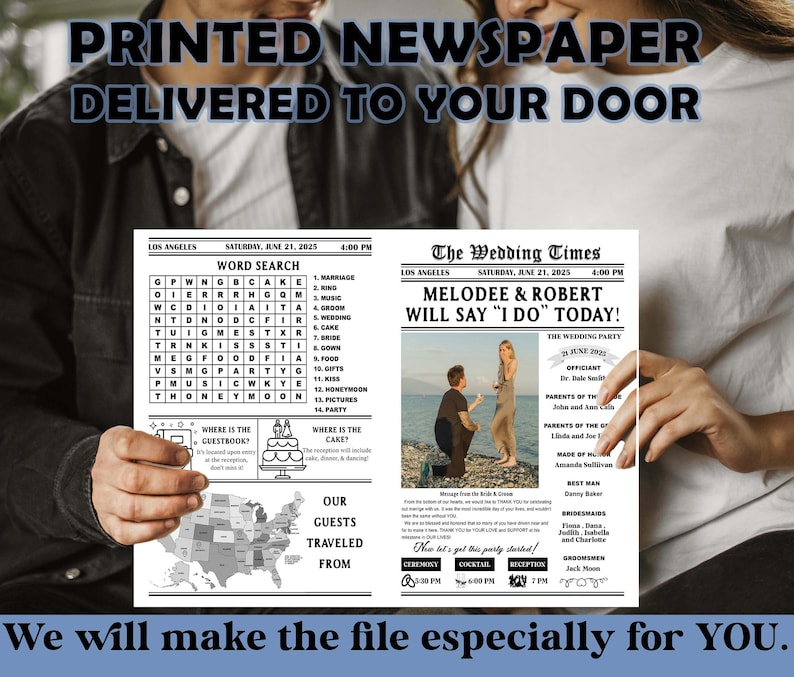 May include: A mock newspaper announcement for a wedding with a black and white design. The headline reads "Melodee & Robert Will Say "I Do" Today!" with a photo of the couple. The newspaper also includes a word search puzzle and a wedding party schedule.