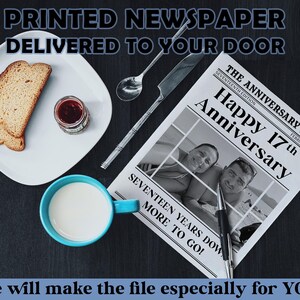 Op de afbeelding: Een krant met de kop "Happy 17th Anniversary" ligt naast een kop melk, toast en jam. De tekst "PRINTED NEWSPAPER DELIVERED TO YOUR DOOR" staat bovenaan en "We will make the file especially for YOU" onderaan.