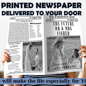 May include: A newspaper-style announcement with the headline "Printed Newspaper Delivered to Your Door." The front page features a word search puzzle and a photo of a couple. The second page has a photo of a couple with the text "The Future Mr & Mrs Fisher."