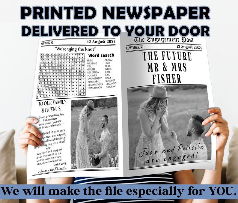 May include: A newspaper-style announcement with the headline "Printed Newspaper Delivered to Your Door." The front page features a word search puzzle and a photo of a couple. The second page has a photo of a couple with the text "The Future Mr & Mrs Fisher."