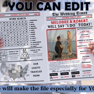 May include: A printable wedding announcement in the style of a newspaper. The headline reads "Melodee & Robert Will Say "I Do" Today!" with a photo of the couple. The announcement includes details about the wedding party, ceremony, cocktail hour, and reception.