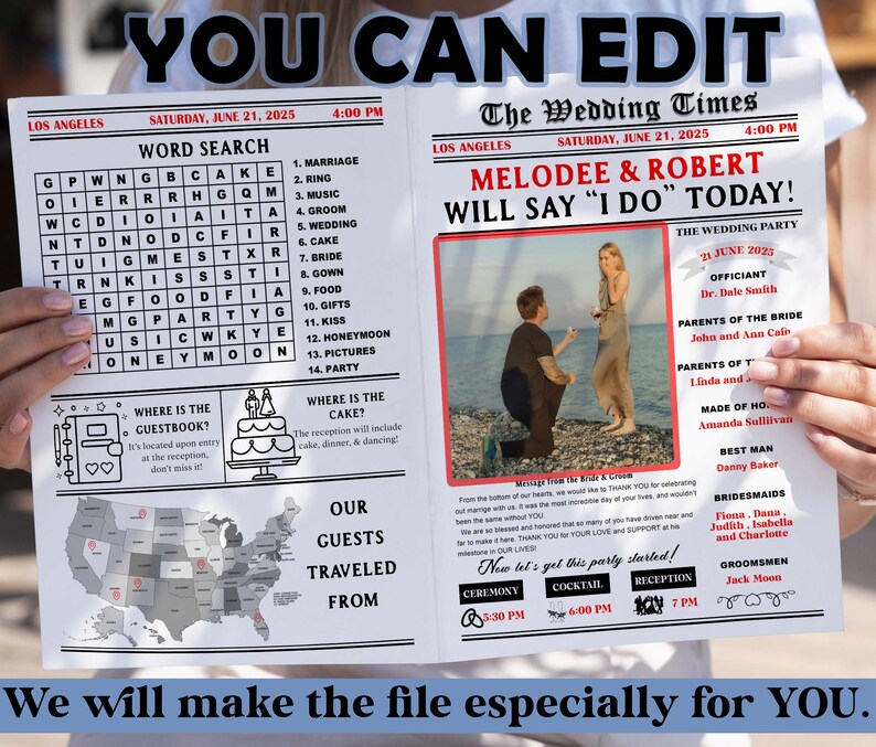 May include: A printable wedding announcement in the style of a newspaper. The headline reads "Melodee & Robert Will Say "I Do" Today!" with a photo of the couple. The announcement includes details about the wedding party, ceremony, cocktail hour, and reception.