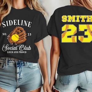 Camiseta de softbol del club social Sideline, nombre y número personalizados, camiseta de mamá de softbol, regalo de softbol personalizado, camiseta personalizada para fanáticos del deporte