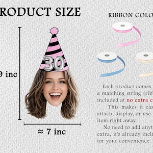May include: A pink and black striped party hat with the number 30 in silver. The hat is approximately 9 inches tall and 7 inches wide. The image also shows ribbon color options and text that says "Product Size" and "Ribbon Color."
