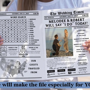 May include: A black and white newspaper style wedding announcement for Melodee and Robert. The announcement includes a word search puzzle, a map of the United States, and a wedding party list. The headline reads "The Wedding Times" and "Melodee & Robert Will Say "I Do" Today!"