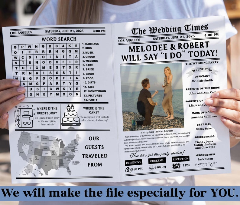 May include: A black and white newspaper style wedding announcement for Melodee and Robert. The announcement includes a word search puzzle, a map of the United States, and a wedding party list. The headline reads "The Wedding Times" and "Melodee & Robert Will Say "I Do" Today!"