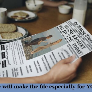 May include: A wedding announcement in the style of a vintage newspaper with a photo of the couple and the text "The Wedding Times, Melodie & Robert Will Say "I Do" Today!"