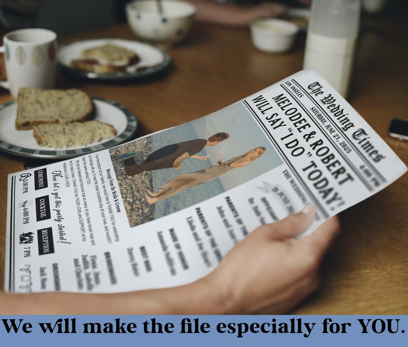 May include: A wedding announcement in the style of a vintage newspaper with a photo of the couple and the text "The Wedding Times, Melodie & Robert Will Say "I Do" Today!"