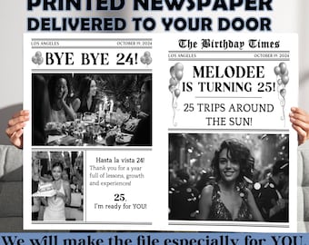 May include: A black and white newspaper style birthday announcement for someone turning 25. The headline reads "Melodee is turning 25! 25 trips around the sun!" with a photo of the birthday person. The announcement also includes a photo of friends celebrating with the text "Bye Bye 24!"